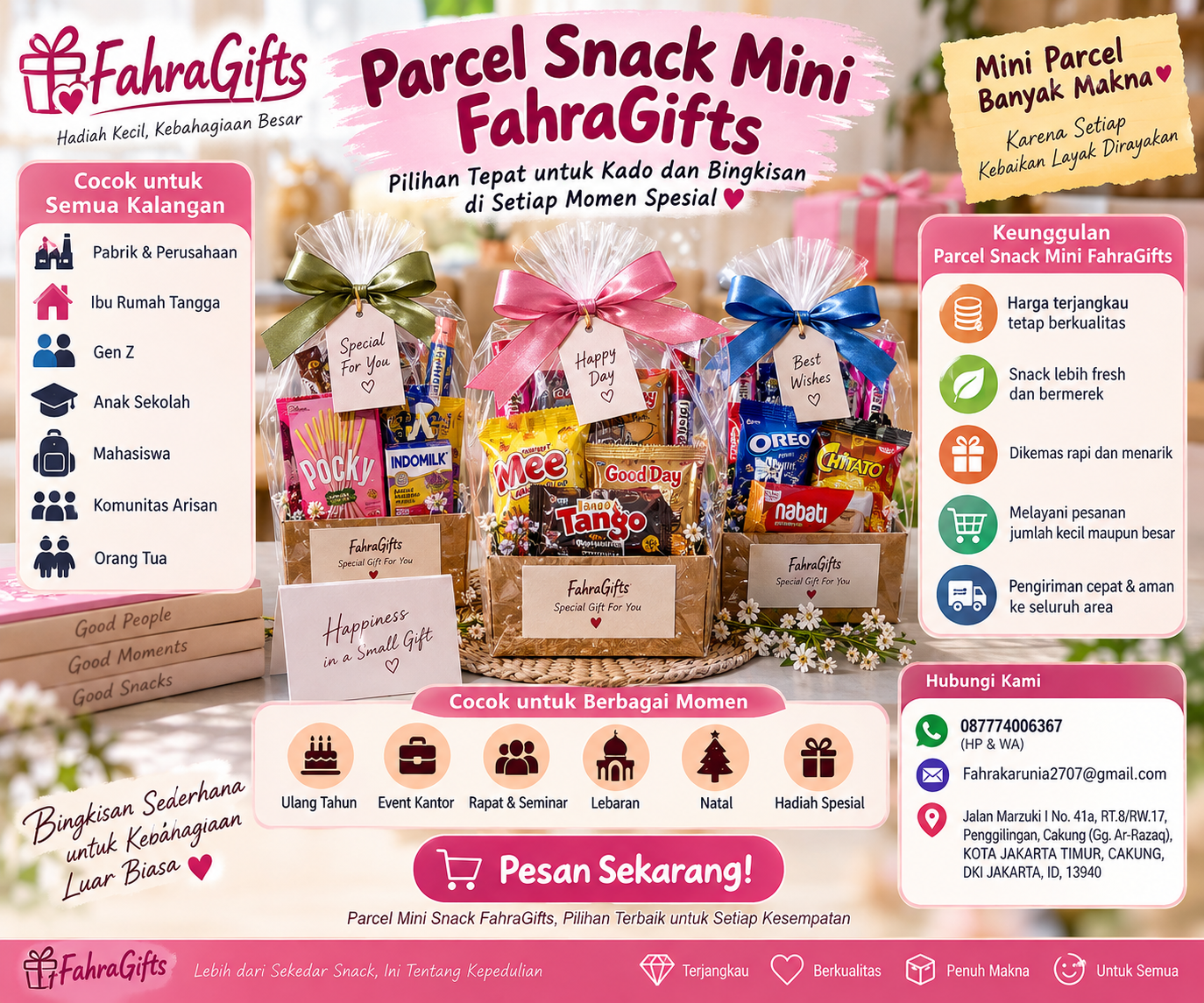 Parcel Snack Mini FahraGifts untuk kado dan bingkisan dengan snack bermerek, kemasan rapi, harga terjangkau, cocok untuk berbagai momen dan kebutuhan perusahaan maupun keluarga.